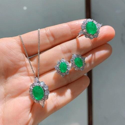 Silver jewelry set grandmother green Cubic Zircon Earrings / Pendant / Necklace / ring diamond cut Jewelry Wedding Party engagem