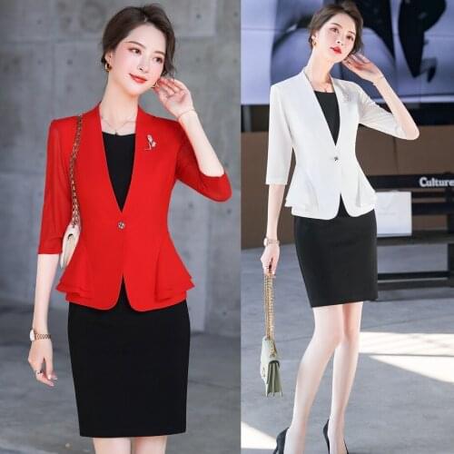 New 2020 Fashion Ladies Red Blazer Women Business Suits Dress and Jacket Sets Work Wear Uniforms Half Sleeve