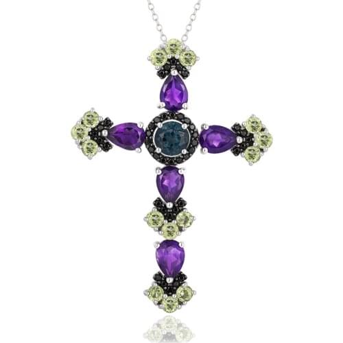 GZ ZONGFA Fashion Charm 925 Sterling Silver Pendante Women Natural Blue Topaz Amethyst Jewelry Cross Pendant Necklaces