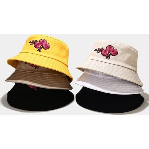 New Retro Plum Blossom Embroidery Womens Bucket Hat Summer Fishermen Hat for Men Unisex Panama Bob Sun Protection Cap
