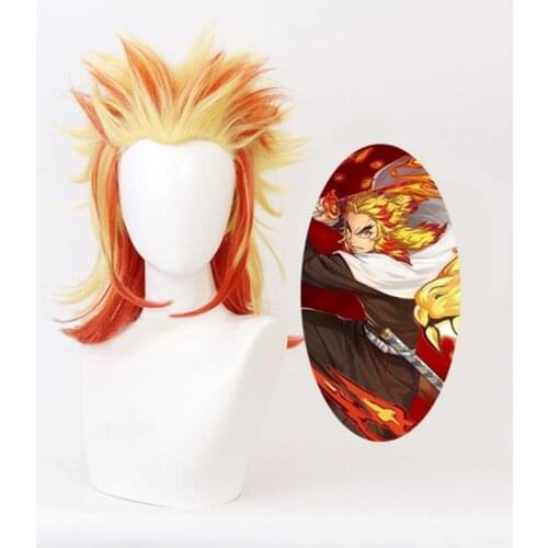 Anime Demon Slayer Rengoku Kyoujurou Blonde Ombre Wig Cosplay Costume Men Women Heat Resistant Pontail Hair Wigs + Wig Cap