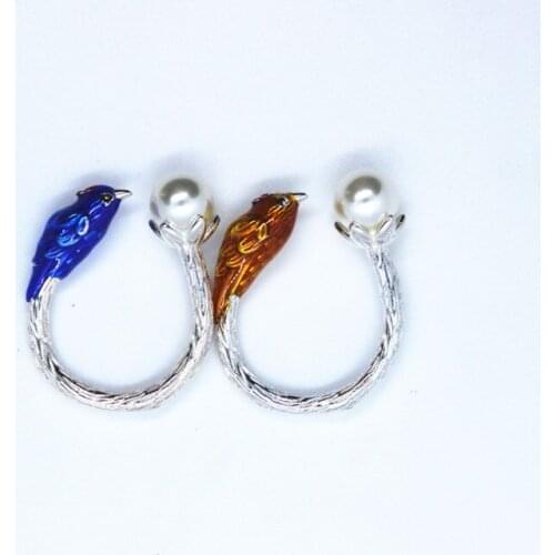 Folk-custom Burning Cloisonne Bird Pearl Opening Adjustable Lovers Enamel Rings Fashion Creative Jewelry Gifts Wedding Ceremony