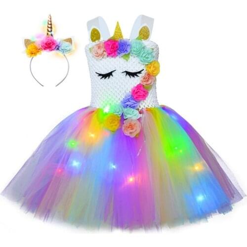Girls Dress Christmas Unicorn Costume Kids Sequin Rainbow Tutu Birthday Party Dresses With LED Lights Princess Cosplay Costumes
