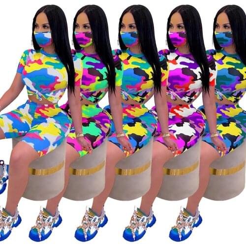 Women Camo Bikers Sport Tracksuit Casual Short Sleeve Crop Tops Tee Shorts Pants Suit Jogging Two Piece Set Outfit Matching Set