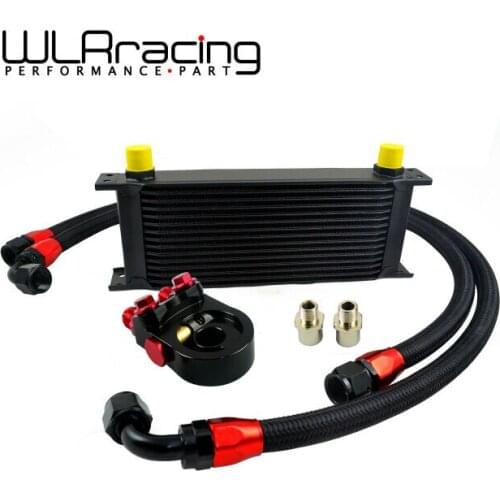 WLR - Universal 15 ROWS Trust type OIL COOLER + AN10 Oil Filter Cooler Sandwich Plate Adapter + 2PCS BRAIDED HOSE LINE