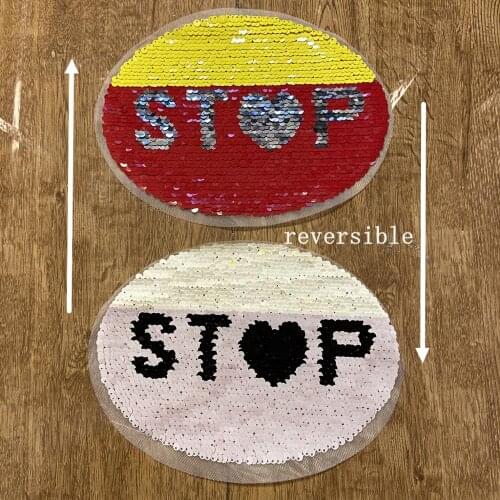 WUYUCONG 2020 New Reversible Sequins Stop Patches for Clothes T-shirt Sew on Sequined Letters Embroidery Applique 1 piece