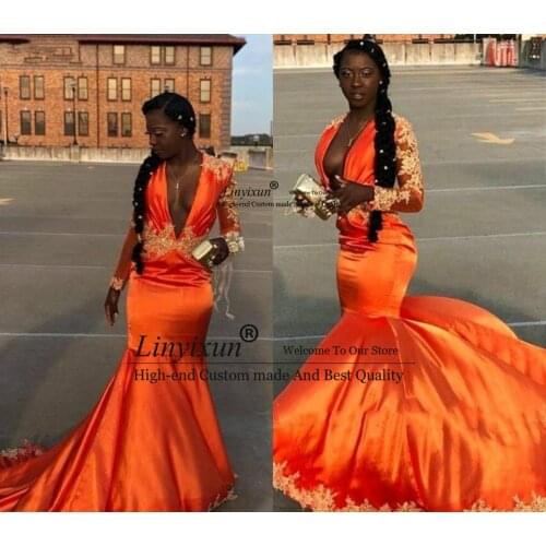 South African Black Girls Prom Dresses 2021 Orange Sexy Deep V Neck Formal Wear Evening Party Gowns Plus Size Custom Made