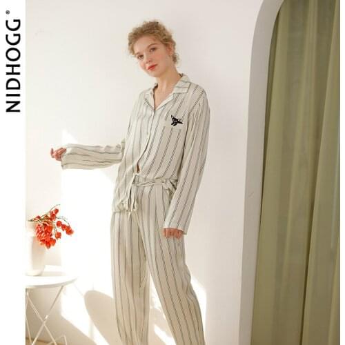 2021 Spring Satin Women Pajamas Embroidered Flying Cat Sleepwear Long Sleeve Striped Pocket Sexy Nightwear 2 Piece Lounge Wear