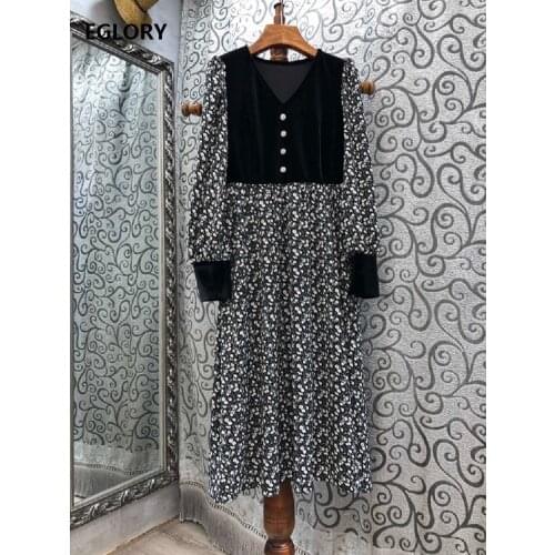 High Quality Womens Dress 2021 Spring Clothing Runway Ladies V-Neck Velvet Patchwork Long Sleeve Mid-Calf Vintage Print Dress