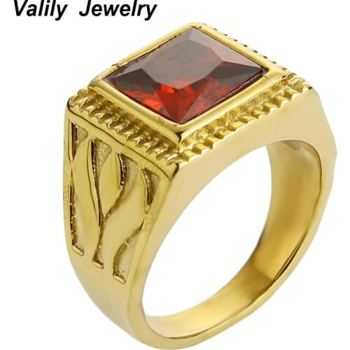 Big Square Red/black Cubic Zirconia crystal gold color ring for women,stainless steel fashion wedding party ring jewelry for men