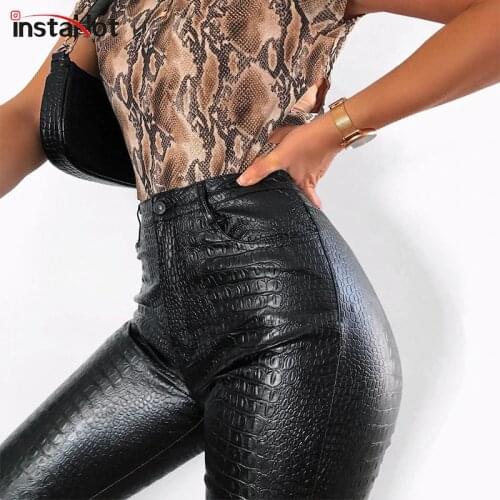 InstaHot Black High Waist Pencil Faux Leather Pants Women Casual Elegant Carving Print Ankle Length Pants Streetwear Trousers