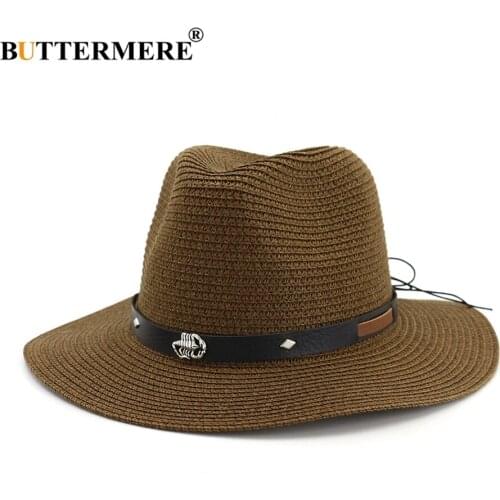 BUTTERMERE Jazz Hat Men Coffee Beach Sun Hat Summer Belt Scorpion Decoration Outdoor Casual Adjustable Male Panama Straw Hat
