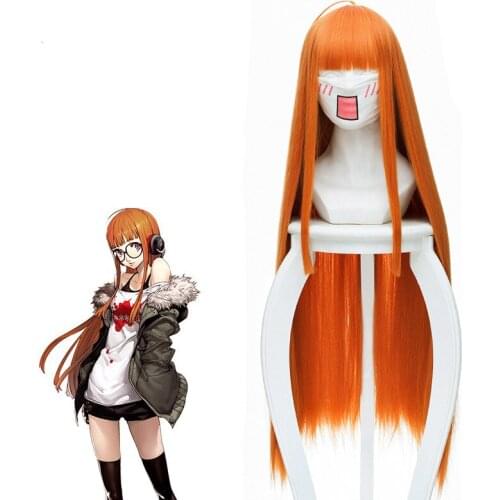 Game P5 Persona 5 Futaba Sakura 90cm Womens Long Straight Citrus Orange Heat Resistant Halloween Cosplay Costume Wig+Cap Prop