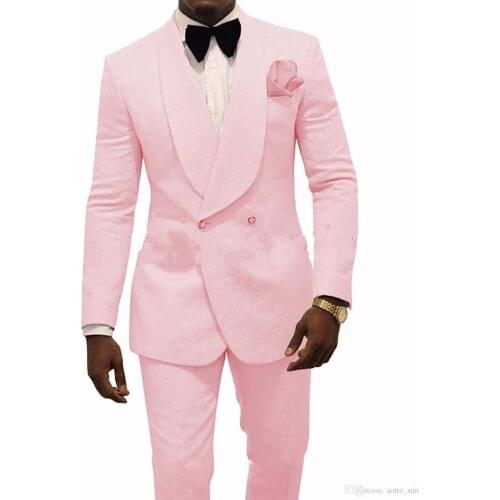 JELTONEWIN 2020 Customize Made Pink Jacquard Slim Groomsman Double Breasted Men Wedding Suits Groom Tuxedos For Men Bridegroom