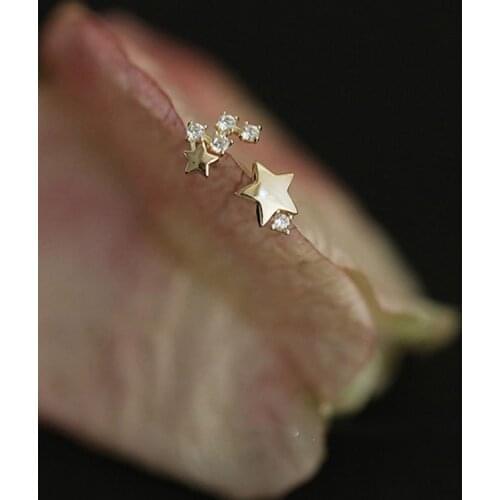 Cute Female Crystal Asymmetrical Stud Earrings Sterling Silver Gold Earrings For Women Charm Small Star Wedding Earrings