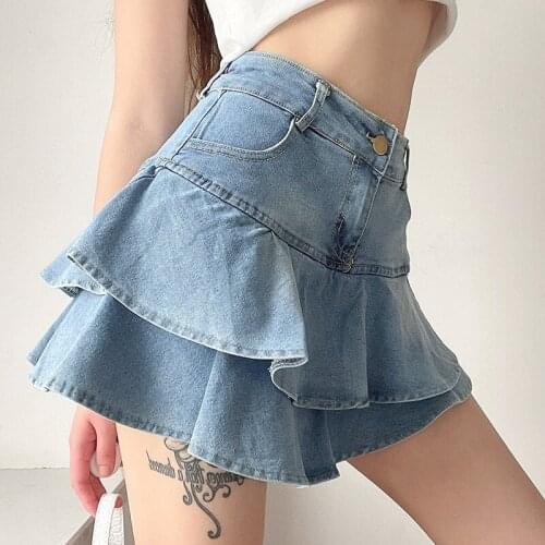 New Korean Layered Cake Short Skirt Female Hot Girl Sexy High Waist Slimming Ruffled Blue Denim Skirt 2021 Spring and Summer