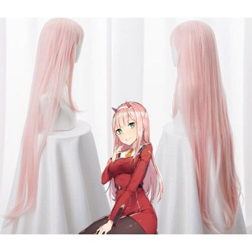 New Arrival DARLING in the FRANXX 02 Zero Two 100cm Long Pink Synthetic Hair Cosplay Costume Wig + Horn hairband