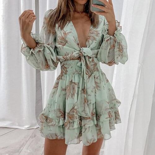 Autumn V Neck Chiffon Dress Women Self-Tie Knot Front Ruffle Leopard Print Dress Female Sexy Short A Line Party 2021