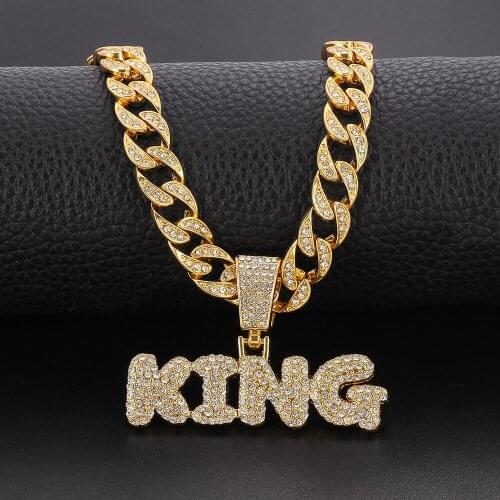 Men Women Hip Hop KING Letter Pendant Necklace Miami Gold Cuban Link Chain Iced Out Bling HipHop Necklace for Men Jewelry Choker