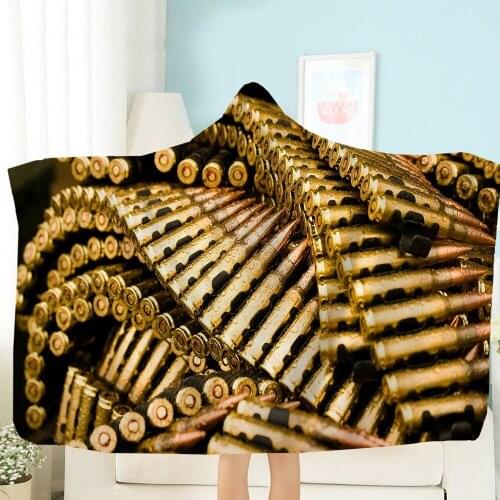 Military Weapon Series Plush Throw Blanket Bullet Gun Print Hooded Throw Blanket Boys Custom Wearable Sherpa Fleece Blanket