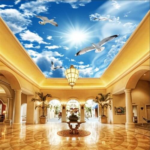 Custom wallpaper 3d обои blue sky white clouds seagull ceiling background wall living room bedroom decoration painting фотообои