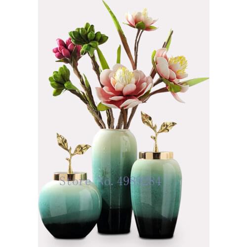 Creativity Ceramic Vase Handmade Gradient with Cover Golden Leaves Modern Home Crafts Ornaments Flower Vases Wedding Decoration