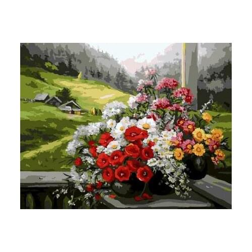 Spring flowers on the porch Digital Diy oil painting by numbers wall decor on canvas oil paint coloring by number drawing