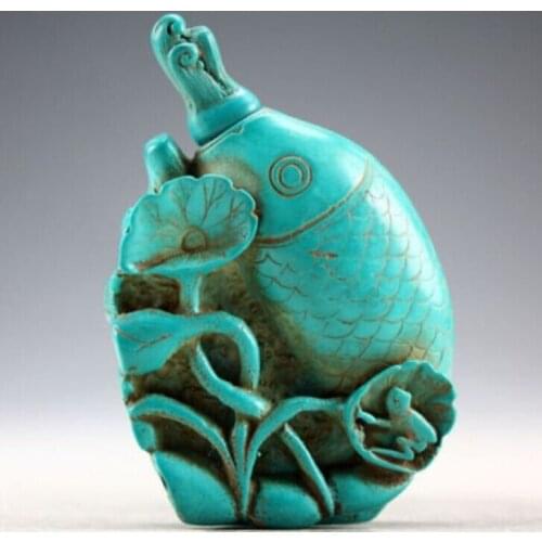 Oriental Vintage Hand Carved Turquoise Fish Snuff Bottle free shipping