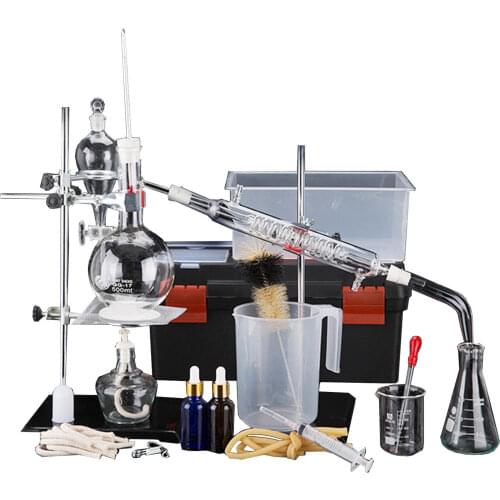 YUEWO44pcs New 500ml Lab Essential Oil Distillation Apparatus Water Distiller Purifier Glassware Kits w/Tool Case Condenser Pipe