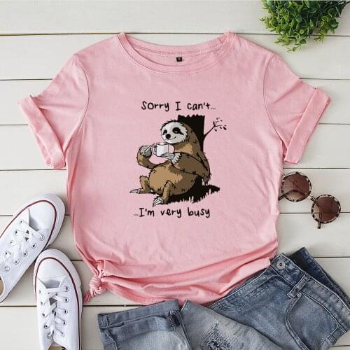 Busy Sloth Cartoon Women T Shirts Oversized Summer Tshirt 100%Cotton Woman T-Shirt Korean Funny Tops Harajuku Graphic Basic Tees