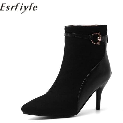 ESRFIYFE 2021 New Winter Fashion Women Ankle Boots Zip High Heels Female Pointed Toe Black Casual Shoes Chelsea Boots Big Size