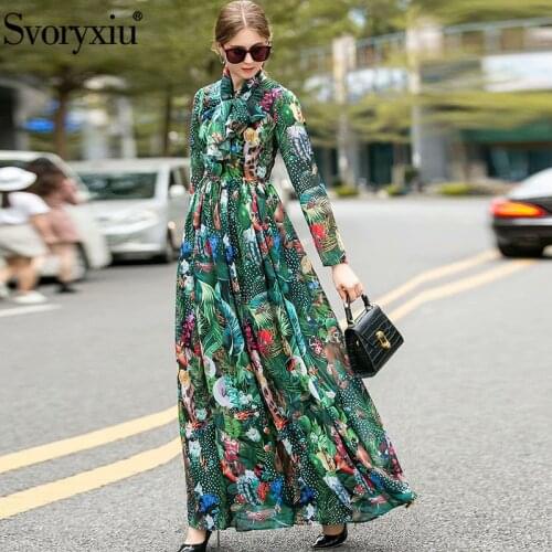 Svoryxiu 2020 New Spring Summer Runway Cartoon Animal World Maxi Dress Womens Long Sleeve Bohemia Chiffon Holiday Long Dresses