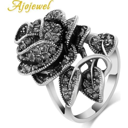 Ajojewel Brand Size 7-9 Antique Jewelry Black Crystal Rhinestone Big Rose Flower Rings For Women Romantic Vintage Bijoux
