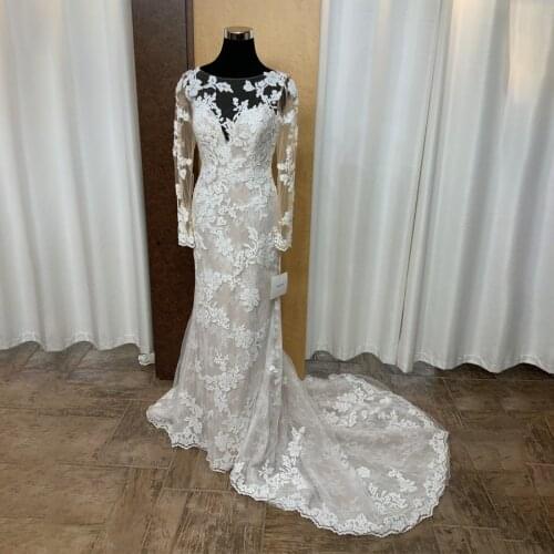 Champagne Long Sleeves Mermaid Wedding Dress vestido de noiva manga longa Open Back Sexy Reals Bridal Dresses