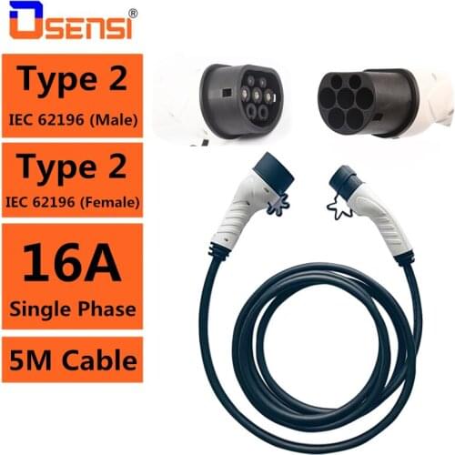 16A EV Charging Cable for Electric Car Charger Station Adapter Type 2 Female to Male Plug IEC 62196 Convertor Single Phase 5M