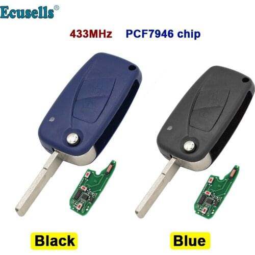 2 Button flip Remote Key 433Mhz PCF7946 Chip with Uncut Blade For Fiat 500 Panda Idea Punto Stilo Ducato Blue
