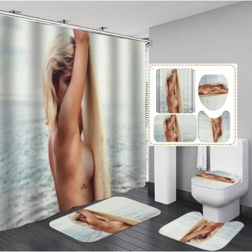 New Pattern Bikini Girl in The Water Waterproof Shower Curtain Bath Mat Pedestal Rug Lid Toilet Cover Bathroom 4pcs
