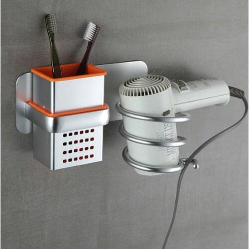 Aluminum Hair Dryer Holder Self-Adhesive Bathroom Storage Organizer with Basket Wall Mounted Hairdryer Storage Shelf