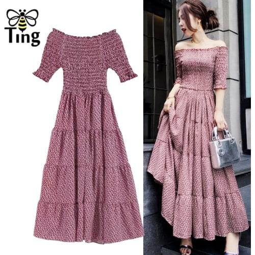 Tingfly Bohemian Floral Summer Slash Neck Cold Shoulder Midi Long Casual Dress Women Elastic Waist Boho Beach Dresses Vestidoa