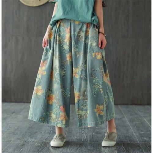 Clothing Spring Fall Womens Denim Print Wide Leg Pants Jeans Stitching Retro Loose Elastic Waist Trousers Vintage Hakama ZH1499
