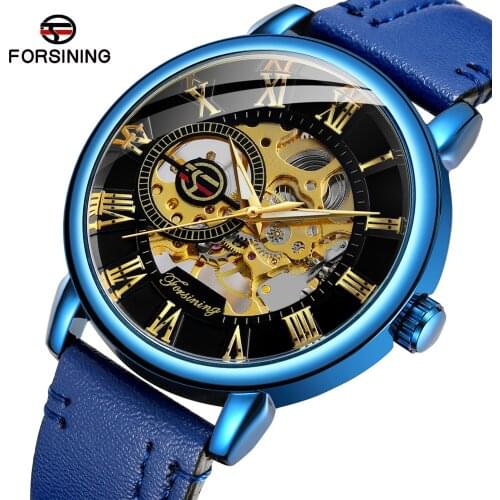 Forsining Mens Watches Blue Leather Skeleton Manual Mechanical Clock Simple Casual Sports Male Wristwatches Drop Shipping Reloj