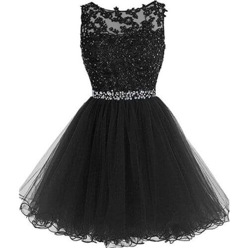 Black Pretty Homecoming Dresses 2021 Short/Mini Length Sleeveless Tulle Sequin Shiny with Rhinestones Appliques Party Dresses