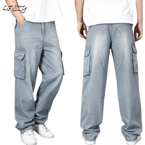 Jeans Men Plus size Denim trousers Mens Loose plus size Hip hop Straight Multi-pocket jeans Gray Denim trousers Size 30-44 46