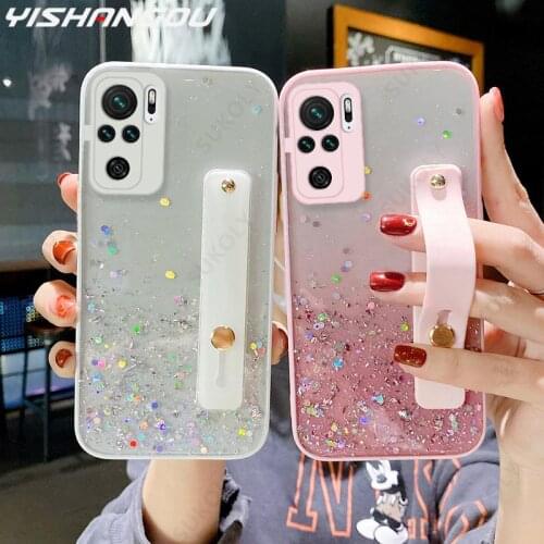 Gradient Glitter Wristband Case For Xiaomi Redmi Note 10 9 8 Pro Mi Poco X3 Pro F3 M3 Note 10 Lite Epoxy Camera Protection Cover