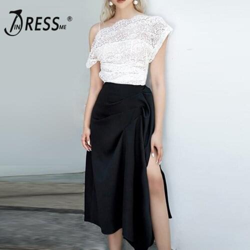 INDRESSME 2019 New Vestidos Lace Hollow Out Floral Strap Top Black High Split Drapped Skirt Two Piece Sets Evening Party Dress