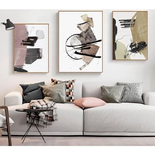 Nordic Style Abstract Geometric Brown Color Block Black Graffiti Canvas Painting Sofa Wall Picture Poster Living Room Decoration