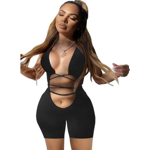 Jumpsuit Rompers 2020 Sexy Women Deep V-neck Hollow Short Pants Trousers Summer Sports Bodycon Jumpsuit Playsuit