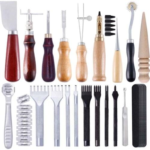 LMDZ Professional Leather Craft Tools Kit Hand Cutter Carving Sewing Stitching Punch Carving Work Leathercraft Accessories
