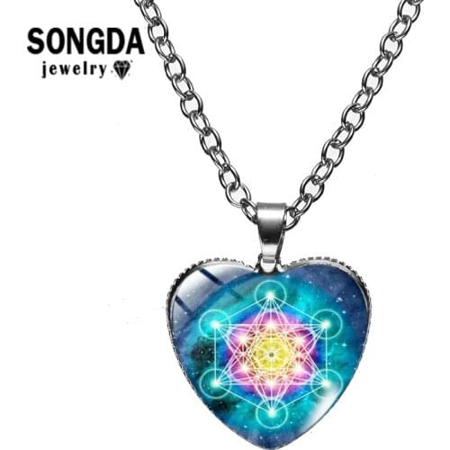SONGDA New Product Metatron Cube Necklace Individual Prints Patterns Hand Craft Crystal Glass Art Heart Pendants Gift for Girls