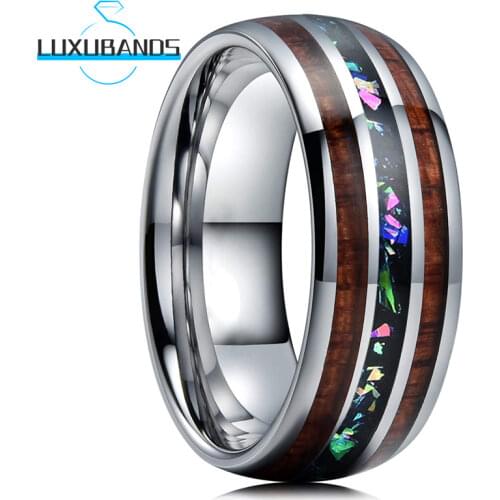 8MM Womens Mens Wedding Rings Multicolor Opal Chip Koa Wood Inlay Engagement Domed Bands Polished Finished Comfort Fit